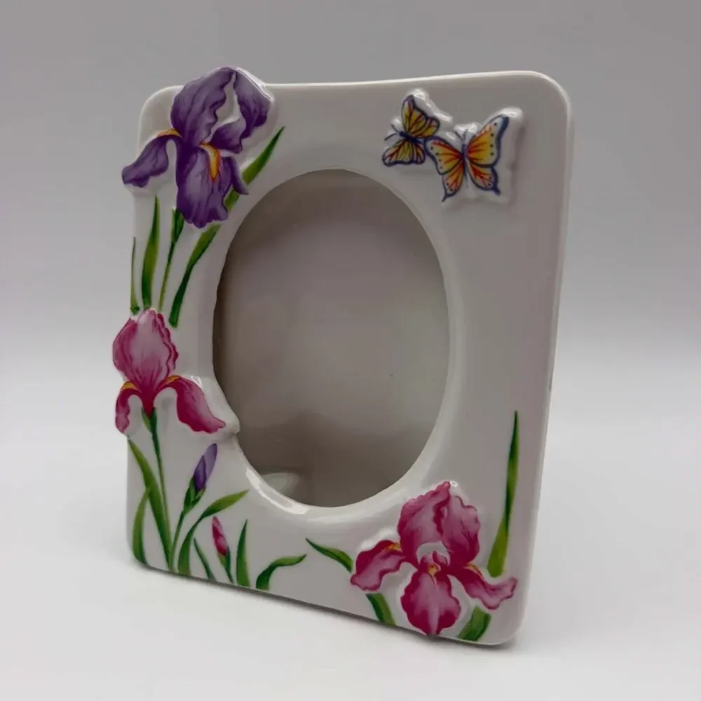 Vintage 3D Porcelain Tabletop Photo Frame Pink Purple Iris Flowers Butterflies